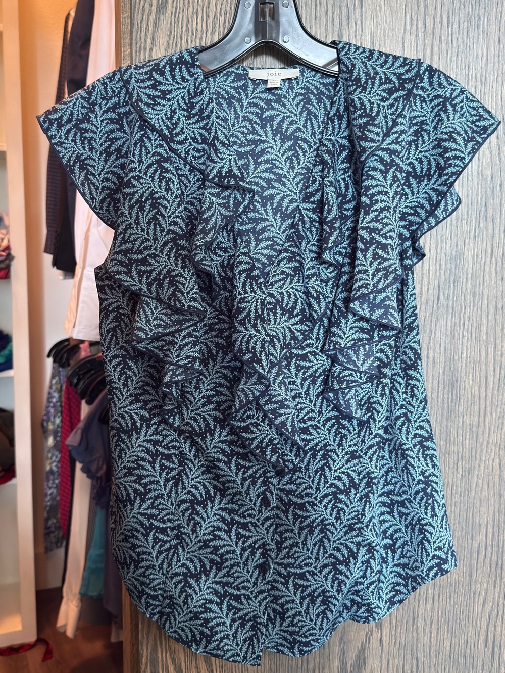 Joie Teal & Navy Botanical Ruffle Sleeve Blouse